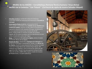 MUSEU de les AIGÜES – Cornellà(Aqua Romana·Tècnica humana i força divina)MUSEU de la Ceràmica “ Can Tinturé “  (Col·lecció de rajola de mostra Salvador Miquel)A les deu (10:00 h), sortida de la plaça de Catalunya cantonada rambla de Catalunya amb destinació a Cornellà de Llobregat.A dos quarts d’onze (10:30 h), començament de la visita, guiada i comentada, al nou MUSEU de les AIGÜES de la FUNDACIÓ AGBAR, situat en un dels edificis d’arquitectura i enginyeria industrial més valuosos d’Europa. Actualment hi ha una exposició temporal que reuneix més de 82 peces, moltes d’elles es mostren al públic per primera vegada, de 20 museus europeus que ens aproximaran al món romà, a través de la cultura de l’aigua.  Dinar:  al Restaurant El Jardí de les Aigües, ubicat al mateix recinte del  Museu de les Aigües.Després de dinar, anirem fins a Esplugues de Llobregat per tal de fer la visita guia i comentada al, també, nou Museu de les Rajoles, situat a la casa senyorial de Can Tintoré, al costat mateix de l’antiga fàbrica de ceràmica Pujol i Bausis. Allí trobarem una magnífica i única col·lecció de rajoles des del segle XIV al XIX. També hi ha una exposició temporal sobre l’obra de Lluís Bru (1868-1952), el gran creador de mosaics del Modernisme, i un petit audiovisual.