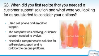 Q5: How will the Salesforce1 Platform and Desk.com
help Tinderbox grow?
•  Desk.com + Data.com +
Pardot + Sales Cloud.
•  Everyone across the
business has visibility.
Salesforce1 Mobile App

•  Salesforce1 Platform is at
the core of TinderBox.

Salesforce1 Platform

SELL

SERVICE

MARKET

SUCCEED

 