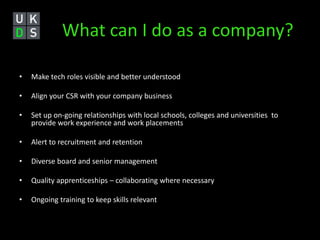 What can I do as a company? 
• Make tech roles visible and better understood 
• Align your CSR with your company business 
• Set up on-going relationships with local schools, colleges and universities to 
provide work experience and work placements 
• Alert to recruitment and retention 
• Diverse board and senior management 
• Quality apprenticeships – collaborating where necessary 
• Ongoing training to keep skills relevant 
 
