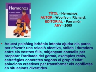 TÍTOL - Hermanos
AUTOR - Woolfson, Richard.
EDITORIAL - Parramón
ANY - 2005
• Aquest psicòleg britànic intenta ajudar els pares
per afavorir una relació afectiva, sòlida i duradora
entre els vostres fills, mitjançant consells per
preparar l’arribada del germà, exemples reals,
estratègies concretes segons el grup d’edat,
solucions creatives per transformar els conflictes
en situacions divertides.
 