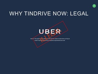 7
vision of “the right for one citizen to drive another citizen across town so long as
certain important consumer protections requirements are met”
WHY TINDRIVE NOW: LEGAL
 