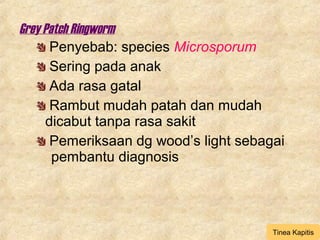Grey Patch Ringworm
Penyebab: species Microsporum
Sering pada anak
Ada rasa gatal
Rambut mudah patah dan mudah
dicabut tanpa rasa sakit
Pemeriksaan dg wood’s light sebagai
pembantu diagnosis
Tinea Kapitis
 