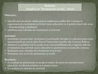 Seminar
                    „Implica-te” Parteneriat scoala – tineri

Obiective:

 identificarea de solutii viabile pentru implicarea scolilor din Comuna in
  organizarea de evenimente/activitati socio-educative cu si pentru tinerii din zona
  - brainstorming si dezbatere
 stabilirea unui calendar de evenimente si activitati

Activitati:
 prezentare a proiectului: incursiune in activitatile derulate in cadrului proiectului,
  oportunitatile pe care le ofera Parcul Tineretului tinerilor din Comuna Bolbosi.
 dezbateri cu profesori de la scoala ce au vizat posibilitatea de a organiza diferite
  evenimente sau activitati socio-educative in parteneriat cu scoala din comuna
 Realizarea unui calendar de evenimente si activitati
 Semnarea unui acord de parteneriat cu scoala

Rezultate:
 S-a realizat un parteneriat cu scoala in vedere derularii de activitati socio-
  educative si cultural artistice cu si pentru tineri
 S-a realizat un calendar de activitati
 