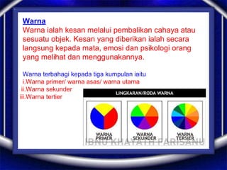 Warna
Warna ialah kesan melalui pembalikan cahaya atau
sesuatu objek. Kesan yang diberikan ialah secara
langsung kepada mata, emosi dan psikologi orang
yang melihat dan menggunakannya.
Warna terbahagi kepada tiga kumpulan iaitu
i.Warna primer/ warna asas/ warna utama
ii.Warna sekunder
iii.Warna tertier
 