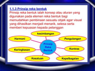 1.1.3 Prinsip reka bentuk
Prinsip reka bentuk ialah konsep atau aturan yang
digunakan pada elemen reka bentuk bagi
memudahkan pembinaan sesuatu objek agar visual
yang dihasilkan menjadi menarik, selesa serta
memberi kepuasan kepada pelanggan
kesimbangan
PengulanganHarmoni
KontrasKeringkasan
Kesatuan Kepelbagaian
Prinsip
Reka
Bentuk
 
