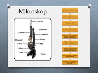 Mikroskop	
Mikroskop diletakkan di atas
permukaan yang rata dan terang
Laraskan kanta objek berkuasa
rendah dan berada tepat di atas
lubang pentas
Kondenser dinaikkan dan diafragma
dibuka sepenuhnya
Kedudukan cermin dilaraskan melalui
kanta mata untuk mendapatkan
cahaya yang mencukupi
Satu slaid yang mempunyai spesimen
diletakkan di atas pentas dan
dikepitkan menggunakan klip
Kanta objek diturunkan dengan
menggunakan pelaras kasar
sehingga berada di atas slaid
Pelaras kasar dilaraskan melawan
arah jam sehingga objek dapat
difokuskan melalui kanta mata
Sekiranya perlu, tukar ke kanta objek
yang berkuasa tinggi
Laraskan pelaras halus sehingga imej
yang tajam dan jelas dapat
diperhatikan
 