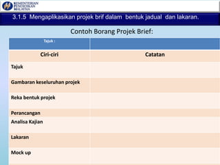 Contoh Borang Projek Brief:
Tajuk :
Ciri-ciri Catatan
Tajuk
Gambaran keseluruhan projek
Reka bentuk projek
Perancangan
Analisa Kajian
Lakaran
Mock up
3.1.5 Mengaplikasikan projek brif dalam bentuk jadual dan lakaran.
 