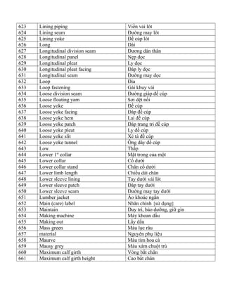 623 Lining piping Viền vải lót
624 Lining seam Đường may lót
625 Lining yoke Đề cúp lót
626 Long Dài
627 Longitudinal division seam Đương dán thân
628 Longitudinal panel Nẹp dọc
629 Longitudinal pleat Ly dọc
630 Longitudinal pleat facing Đáp ly dọc
631 Longitudinal seam Đường may dọc
632 Loop Đỉa
633 Loop fastening Gài khuy vải
634 Loose division seam Đường giáp đề cúp
635 Loose floating yarn Sơi dệt nối
636 Loose yoke Đề cúp
637 Loose yoke facing Đáp đề cúp
638 Loose yoke hem Lai đề cúp
639 Loose yoke patch Đáp trang tri đề cúp
640 Loose yoke pleat Ly đề cúp
641 Loose yoke slit Xẻ tà đề cúp
642 Loose yoke tunnel Ông dây đề cúp
643 Low Thấp
644 Lower 1st
collar Mặt trong của một
645 Lower collar Cổ dưới
646 Lower collar stand Chân cổ dưới
647 Lower limb length Chiều dài chân
648 Lower sleeve lining Tay dưới vải lót
649 Lower sleeve patch Đáp tay dưới
650 Lower sleeve seam Đường may tay dưới
651 Lumber jacket Áo khoác ngắn
652 Main (care) label Nhãn chính {sử dụng}
653 Maintain Duy trì, bảo dưỡng, giữ gìn
654 Making machine Máy khoan dấu
655 Making out Lấy dấu
656 Mass green Màu lục râu
657 material Nguyên phụ liệu
658 Maurve Màu tím hoa cà
659 Mausy grey Màu xám chuột trù
660 Maximum calf girth Vòng bắt chân
661 Maximum calf girth height Cao bắt chân
 