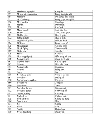662 Maximum high girth Vòng đùi
663 Meanwhite –meantime Trong thơi gian đó
664 Measure Đo lường, tiêu chuẩn
665 Men’s closing Trang phục nam giới
666 Merchandise Hàng hóa
667 Merely Đơn thuần
668 Metal Kim loại
669 Metal buckle Khỉa kim loại
670 Middle Giữa, chính giữa
671 Middle piece Phần ở giữa
672 In the middle Phần ở giữa
673 Mignonette green Màu lục xám
674 Millinery Trang phục nữ
675 Mink jacket Áo lông chồn
676 Mock flying Cửa quần dài
677 Midel coar Áo mẫu
678 Moss Xanh rêu
679 Motif (applique) Mẫu trang trí, ren
680 Nap direction Chiều tuyết vải
681 Napped fabric Vải có tuyết
682 Narrow Phần nhỏ, hẹp
683 Narrow side Cạnh nhỏ
684 Natural Trắng sữa
685 Neck Cổ
686 Neck base girth Vòng cổ cơ bản
687 Neck line Đường cổ
688 Neck round –neckline Vòng cổ
689 Neck to out Cổ ngoài
690 Neck band Cổ áo
691 Neck line facing Đáp vòng cổ
692 Neck line panel Nẹp vòng cổ
693 Needle sewing Kim máy
694 Night dress Quần áo ngủ
695 Non function Không tác dụng
696 Non woven Mex
697 Not Không
698 Notch Bấm
699 Notify Thông báo
700 Nylon bias tape Dây nylon
 