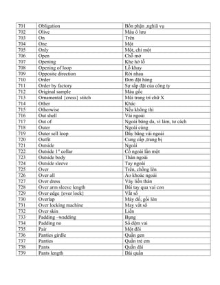 701 Obligation Bổn phận ,nghiã vụ
702 Olive Màu ô lưu
703 On Trên
704 One Một
705 Only Một, chỉ một
706 Open Chỗ mở
707 Opening Khe hở lỗ
708 Opening of loop Lỗ khuy
709 Opposite direction Rời nhau
710 Order Đơn đặt hàng
711 Order by factory Sự sắp đặt của công ty
712 Original sample Màu gốc
713 Ornamental {cross} stitch Mũi trang trí chữ X
714 Other Khác
715 Otherwise Nếu không thì
716 Out shell Vải ngoài
717 Out of Ngoài băng da, vì làm, tư cách
718 Outer Ngoài cùng
719 Outer sell loop Dây băng vải ngoài
720 Outfit Cung cấp ,trang bị
721 Outside Ngoài
722 Outside 1st
collar Cổ ngoài lần một
723 Outside body Thân ngoài
724 Outside sleeve Tay ngoài
725 Over Trên, chồng lên
726 Over all Áo khoác ngoài
727 Over dress Váy liền thân
728 Over arm sleeve length Dài tay qua vai con
729 Over edge {over lock} Vắt sổ
730 Overlap Máy đố, gối lên
731 Over locking machine May vắt sổ
732 Over skin Liền
733 Padding –wadding Bụng
734 Padding no Số đệm vai
735 Pair Một đôi
736 Panties girdle Quần gen
737 Panties Quần trẻ em
738 Pants Quần dài
739 Pants length Dài quần
 