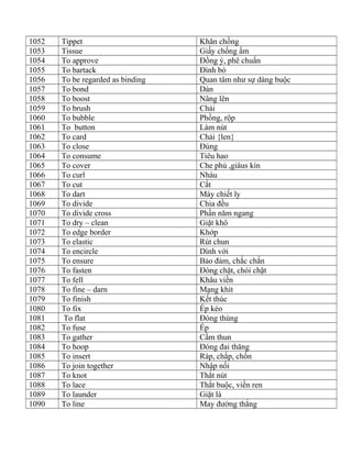 1052 Tippet Khăn chồng
1053 Tissue Giấy chống ẩm
1054 To approve Đồng ý, phê chuẩn
1055 To bartack Đính bó
1056 To be regarded as binding Quan tâm như sự dàng buộc
1057 To bond Dán
1058 To boost Nâng lên
1059 To brush Chải
1060 To bubble Phồng, rộp
1061 To button Làm nút
1062 To card Chải {len}
1063 To close Đúng
1064 To consume Tiêu hao
1065 To cover Che phủ ,giâus kín
1066 To curl Nhàu
1067 To cut Cắt
1068 To dart Máy chiết ly
1069 To divide Chia đều
1070 To divide cross Phần năm ngang
1071 To dry – clean Giặt khô
1072 To edge border Khớp
1073 To elastic Rút chun
1074 To encircle Dính với
1075 To ensure Bảo đảm, chắc chắn
1076 To fasten Đóng chặt, chói chặt
1077 To fell Khâu viền
1078 To fine – darn Mạng khít
1079 To finish Kết thúc
1080 To fix Ép kéo
1081 To flat Đóng thùng
1082 To fuse Ép
1083 To gather Cầm thun
1084 To hoop Đóng đai thăng
1085 To insert Ráp, chắp, chốn
1086 To join together Nhập nối
1087 To knot Thắt nút
1088 To lace Thắt buộc, viền ren
1089 To launder Giặt là
1090 To line May đường thẳng
 