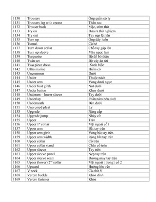 1130 Trousers Ông quần có ly
1131 Trousers leg with crease Thân sau
1132 Trouser back Mặc, ướm thử
1133 Try on Đưa ra thử nghiệm
1134 Try out Tay nẹp lật lên
1135 Turn up Ông dây luồn
1136 Tunnel Cổ bẻ
1137 Turn down collar Chỗ tay gập lên
1138 Turn up sleeve Màu ngọc lam
1139 Turquoise Bộ đồ bó thân
1140 Twin set Bộ váy áo rời
1141 Two piece dress Xanh biếc
1142 Ultra marine Hiếm có
1143 Uncommon Dưới
1144 Under Thuộc nách
1145 Under arm Vòng dưới ngực
1146 Under bust girth Nút dưới
1147 Under button Khuy dưới
1148 Underam – lower sleeve Tay dưới
1149 Underlap Phần nằm bên dưới
1150 Underneath Bên dưới
1151 Unpressed pleat Ly
1153 Upgrade Nâng cấp
1154 Upgrade jump Nhảy cỡ
1155 Upper Trên
1156 Upper 1st
collar Mặt ngoài cổ1
1157 Upper arm Bắt tay trên
1158 Upper arm girth Vòng bắt tay trên
1159 Upper arm width Rộng bắt tay trên
1160 Upper collar Cổ trên
1161 Upper collar stand Chân cổ trên
1162 Upper sleeve Tay trên
1163 Upper sleeve panel Nẹp tay trên
1164 Upper sleeve seam Đường may tay trên
1165 Upper (lower) 2nd
collar Mặt ngoài {trong} cổ 2
1166 Upward Hướng lên trên
1167 V neck Cổ chữ V
1168 Vercro buckle Khóa dính
1169 Vercro fastener Khóa
 