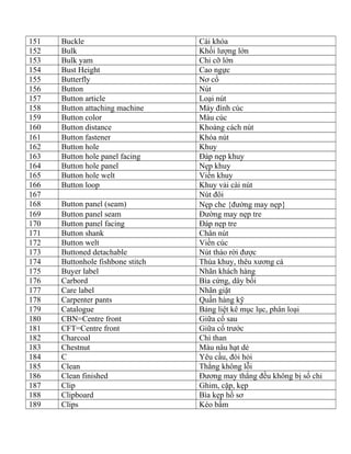 151 Buckle Cái khóa
152 Bulk Khối lượng lớn
153 Bulk yam Chỉ cỡ lớn
154 Bust Height Cao ngực
155 Butterfly Nơ cổ
156 Button Nút
157 Button article Loại nút
158 Button attaching machine Máy đính cúc
159 Button color Màu cúc
160 Button distance Khoảng cách nút
161 Button fastener Khóa nút
162 Button hole Khuy
163 Button hole panel facing Đáp nẹp khuy
164 Button hole panel Nẹp khuy
165 Button hole welt Viền khuy
166 Button loop Khuy vải cài nút
167 Nút đôi
168 Button panel (seam) Nẹp che {đường may nẹp}
169 Button panel seam Đường may nẹp tre
170 Button panel facing Đáp nẹp tre
171 Button shank Chân nút
172 Button welt Viền cúc
173 Buttoned detachable Nút tháo rời được
174 Buttonhole fishbone stitch Thùa khuy, thêu xương cá
175 Buyer label Nhãn khách hàng
176 Carbord Bìa cứng, dây bồi
177 Care label Nhãn giặt
178 Carpenter pants Quần hàng kỹ
179 Catalogue Bảng liệt kê mục lục, phân loại
180 CBN=Centre front Giữa cổ sau
181 CFT=Centre front Giữa cổ trước
182 Charcoal Chì than
183 Chestnut Màu nâu hạt dẻ
184 C Yêu cầu, đòi hỏi
185 Clean Thẳng không lỗi
186 Clean finished Đương may thẳng đều không bị sổ chỉ
187 Clip Ghim, cặp, kẹp
188 Clipboard Bìa kẹp hồ sơ
189 Clips Kéo bấm
 
