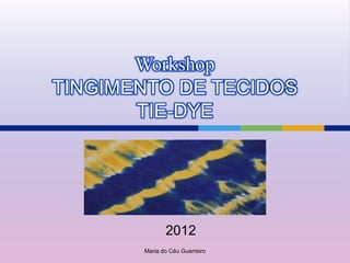 Workshop
TINGIMENTO DE TECIDOS
       TIE-DYE




              2012
       Maria do Céu Guerreiro
 