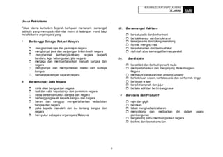 HURAIAN SUKATAN PELAJARAN
                                                                                                             SEJARAH    SMR

Unsur Patriotisme

Fokus utama kurikulum Sejarah bertujuan menanam semangat              iii.   Bersemangat Kekitaan
patriotik yang memupuk nilai-nilai murni di kalangan murid bagi
melahir kan w arganegara yang:                                                  bersatupadu dan berhar moni
                                                                                bertolak ansur dan bertoleransi
i    Berbangga Sebagai Rakyat Malaysia                                          bekerjasama dan tolong menolong
                                                                                hormat menghor mati
         menghor mati raja dan pemimpin negara                                  bersefahaman dan ber muafakat
         menghargai jasa dan perjuangan tokoh-tokoh negara                      muhibah atau semangat ber masyarakat
         menghor mati lambang-lambang negara (seperti
         bendera, lagu kebangsaan, jata negara)                       iv.     Berdisiplin
         menjaga dan mempertahankan maruah bangsa dan
         negara                                                                 berakhlak dan berbudi pekerti mulia
         menghargai dan mengamalkan tradisi dan budaya                          mempertahankan dan menjunjung Per lembagaan
         bangsa                                                                 Negara
         berbangga dengan sejarah negara                                        mematuhi peraturan dan undang-undang
                                                                                berkelakuan sopan, bertatasusila dan berhemah tinggi
ii   Bersemangat Setia Negara                                                   bertindak w ajar
                                                                                bersifat amanah dan jujur
         cinta akan bangsa dan negara                                           berlaku adil dan bertimbang rasa
         taat dan setia kepada raja dan pemimpin negara
         sedia berkorban untuk bangsa dan negara                       v     Berusaha dan Produktif
         bertanggungjaw ab kepada bangsa dan negara
         berani dan sanggup mempertahankan kedaulatan                           rajin dan gigih
         bangsa dan negara                                                      berdikari
         peka kepada masalah dan isu tentang bangsa dan                         tabah menghadapi cabaran
         negara                                                                 menyokong dan melibatkan diri dalam             usaha
         bersyukur sebagai w arganegara Malaysia                                pembangunan
                                                                                berganding bahu membangunkan negara
                                                                                berilmu dan berketrampilan




                                                                  6
 