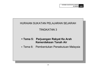 HURAIAN SUKATAN PELAJARAN
                                             SEJARAH    SMR




HURAIAN SUKATAN PELAJARAN SEJARAH

            TINGKATAN 3


 Tema 5: Perjuangan Rakyat Ke Arah
         Kemerdekaan Tanah Air
 Tema 6: Pembentukan Persekutuan Malaysia




                 20
 
