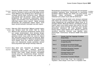 Huraian Sukatan Pelajaran Sejarah SMR




Penerapan Patriotis me adalah perasaan cinta yang kuat terhadap               Per kembangan pembelajaran turut didorong oleh peningkatan
                                                                                                                                          Pendidikan
     unsur tanah air. Perasaan ini perlu w ujud di hati setiap individu       pendidikan sepanjang hayat. Sehubungan itu penampilan sepanjang
patriotisme
            rakyat Malaysia yang berbilang kaum. Sehubungan itu,              pendidikan Sejarah sebagai satu disiplin ilmu yang dinamik,
                                                                                                                                          hayat
          semangat patriotik dapat membentuk rakyat Malaysia                  dilakukan melalui pendekatan             pembelajaran yang
          yang bersatu padu dan harmoni. Justeru, berdasarkan                 melibatkan para pelajar secara aktif dan berterusan.
          pengetahuan dan pemahaman aspek-aspek sejarah
          negara, murid dibimbing untuk menganalisis dan menilai              Tujuan pendidikan Sejarah adalah untuk memupuk semangat
          fakta-fakta sejarah secara rasional. Natijah daripada               setia negara dan perasaan bangga sebagai rakyat Malaysia
          pemahaman dan penghayatan sejarah negara, murid                     melalui pengetahuan dan penghayatan sejarah tanah air. Di
          dapat membina kekuatan semangat cinta akan negara.                  peringkat Sekolah Menengah Rendah, pembelajaran tentang
                                                                              sejarah negara yang meliputi jangka masa selama lima ratus
                                                                              tahun disusun secara kronologi. Ia bertujuan untuk memberi
Pendidikan Waw asan 2020 menyarankan Malaysia menjadi negara
                                                                              pemahaman menyeluruh dan suatu gambaran lengkap
   bertaraf maju mengikut acuan kita sendir i. Oleh itu, rakyat               tentang sejarah negara kepada murid. Rentetan peristiw a ini
     dunia Malaysia perlu mempunyai pengetahuan tentang dunia
                                                                              membaw a tema-tema tersendiri yang dijadikan pokok
          luar supaya berkemampuan untuk bersaing dengan                      perbincangan. Kesemuanya mempunyai enam tema seperti
          mereka. Persaingan tidak dapat dielakkan dalam dunia                berikut:
          globalisasi kerana kuasa politik dan ekonomi dikaw al                Tema 1     :   Tamadun Awal Dan Keagungan Kesultanan
          oleh masyarakat yang berilmu dan ber maklumat. Maka                                 Melayu Melaka
          adalah penting pendidikan di Malaysia memperkenalkan
          murid kepada dunia luar menerusi kurikulum futuris                   Tema 2     :   Kesultanan Melayu Melaka Menjadi Asas
          yang turut menekankan kepada pendidikan bertaraf                                    Kerajaan Masa Kini.
          dunia yang berkait rapat dengan teknologi maklumat.
                                                                               Tema 3     :   Kemakmuran dan kekayaan Negara
                                                                                              Kita Menarik Kuasa Luar untuk Menjajah
Penyuburan Daya tahan   perlu disuburkan di kalangan murid.
                                                                               Tema 4     :   Tindak Balas Masyarakat Tempatan
 daya tahan Pembinaan   daya    tahan   menerusi  kemahiran
                                                                                              Terhadap Penjajah British
          pembelajaran, pemahaman, dan pemikiran. Murid yang
          berdaya tahan bukan sahaja berupaya mempelajari                      Tema 5     :   Perjuangan Rakyat ke Arah
          sesuatu yang baru, memahaminya dengan mendalam,                                     Kemerdekaan Tanah Air
          bahkan mampu memilih maklumat yang penting dan
          relevan.                                                             Tema 6     :   Pembentukan Persekutuan Malaysia
                                                                              Daripada enam tema di atas, Tema 1 dan 2 dipelajari di
                                                                              Tingkatan I, diikuti dengan Tema 3 dan 4 di Tingkatan II dan


                                                                          2
 