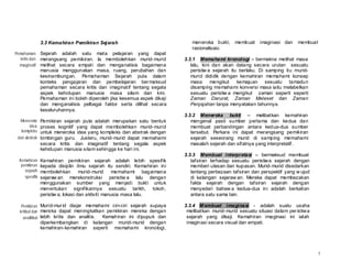 3.3 Kemahiran Pemikiran Sejarah                              meneroka bukti, membuat imaginasi dan           membuat
                                                                            rasionalisasi.
Pemahaman Sejarah adalah satu mata pelajaran yang dapat
   kritis dan merangsang pemikiran. Ia membolehkan murid- murid          3.3.1 Memahami kronologi – bermakna melihat masa
  imaginatif melihat secara empati dan menganalisis bagaimana               lalu, kini dan akan datang secara urutan sesuatu
               manusia menggunakan masa, ruang, perubahan dan               peristiw a sejarah itu berlaku. Di samping itu murid-
               kesinambungan. Pemahaman Sejarah pula dalam                  murid dididik dengan kemahiran memahami konsep
               konteks pengajaran dan pembelajaran ber maksud               masa      mengikut    kemajuan sesuatu tamadun
               pemahaman secara kritis dan imaginatif tentang segala        disamping memahami konversi masa iaitu melabelkan
               aspek kehidupan manusia masa silam dan kini.                 sesuatu peristiw a mengikut zaman seperti seperti
               Pemahaman ini boleh diperoleh jika kesemua aspek dikaji      Zaman Darurat, Zaman Meleset dan Zaman
               dan menganalisis pelbagai faktor serta dilihat secara        Penjajahan tanpa menyatakan tahunnya.
               keseluruhannya.
                                                                         3.3.2 Meneroka bukti – melibatkan kemahiran
  Meneroka     Pemikiran sejarah pula adalah merupakan satu bentuk          mengenal pasti sumber pertama dan kedua dan
       idea    proses kognitif yang dapat membolehkan murid- murid          membuat perbandingan antara kedua-dua sumber
   kompleks    untuk meneroka idea yang kompleks dan abstrak dengan         tersebut. Perkara ini dapat merangsang pemikiran
 dan abstrak   bimbingan guru. Justeru, murid- murid dapat memahami         sejarah seseorang murid di samping memahami
               secara kritis dan imaginatif tentang segala aspek            masalah sejarah dan sifatnya yang interpretatif.
               kehidupan manusia silam sehingga ke hari ini.
                                                                         3.3.3 Membuat interpretasi – bermaksud membuat
 Kemahiran     Kemahiran pemikiran sejarah adalah lebih spesifik            tafsiran terhadap sesuatu peristiw a sejarah dengan
  pemikiran    kepada disiplin ilmu sejarah itu sendiri. Kemahiran ini      memberi ulasan dan kupasan. Murid- murid disedarkan
    sejarah    membolehkan         murid- murid    memahami bagaimana       tentang perbezaan tafsiran dan perspektif yang w ujud
    spesifik   sejaraw an merekonstruksi peristiw a lalu dengan             di kalangan sejaraw an. Mereka dapat membezakan
               menggunakan sumber yang menjadi bukti untuk                  fakta sejarah dengan tafsiran sejarah dengan
               menentukan signifikannya sesuatu tarikh, tokoh,              menyedari bahaw a kedua-dua ini adalah berkaitan
               peristiw a, lokasi dan aktiviti manusia masa lalu.           antara satu sama lain.

   Pemikiran Murid-mur id diajar memahami ciri-ciri sejarah supaya       3.3.4 M embuat imaginasi - adalah suatu usaha
  kritikal dan mereka dapat meningkatkan pemikiran mereka dengan          melibatkan murid- murid sesuatu situasi dalam per istiwa
    analitikal lebih kritis dan analitis. Kemahiran ini dipupuk dan       sejarah yang dikaji. Kemahiran imaginasi ini ialah
               diperkembangkan di     kalangan murid- murid dengan        imaginasi secara visual dan empati.
               kemahiran- kemahiran   seperti memahami kronologi,




                                                                                                                                     7
 