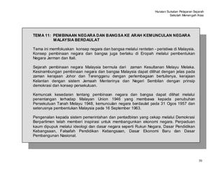 Huraian Sukatan Pelajaran Sejarah
                                                                           Sekolah Menengah Atas




TEMA 11: PEMBINAAN NEGARA DAN BANGSA KE ARAH KEMUNCULAN NEGARA
         MALAYSIA BERDAULAT

Tema ini memfokuskan konsep negara dan bangsa melalui rentetan - peristiwa di Malaysia.
Konsep pembinaan negara dan bangsa juga berlaku di Eropah melalui pembentukan
Negara Jerman dan Itali.

Sejarah pembinaan negara Malaysia bermula dari zaman Kesultanan Melayu Melaka.
Kesinambungan pembinaan negara dan bangsa Malaysia dapat dilihat dengan jelas pada
zaman kerajaan Johor dan Terengganu dengan perlembagaan bertulisnya, kerajaan
Kelantan dengan sistem Jemaah Menterinya dan Negeri Sembilan dengan prinsip
demokrasi dan konsep persekutuan.

Kemuncak kesedaran tentang pembinaan negara dan bangsa dapat dilihat melalui
penentangan terhadap Malayan Union 1946 yang membawa kepada penubuhan
Persekutuan Tanah Melayu 1948, kemunculan negara berdaulat pada 31 Ogos 1957 dan
seterusnya pembentukan Malaysia pada 16 September 1963.

Pengenalan kepada sistem pemerintahan dan pentadbiran yang cekap melalui Demokrasi
Berparlimen telah memberi inspirasi untuk membangunkan ekonomi negara. Perpaduan
kaum dipupuk melalui ideologi dan dasar negara seperti Rukun Negara, Dasar Pendidikan
Kebangsaan, Falsafah Pendidikan Kebangsaan, Dasar Ekonomi Baru dan Dasar
Pembangunan Nasional.




                                                                                              30
 