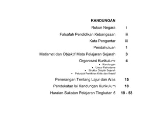 KANDUNGAN
                                  Rukun Negara                 i
           Falsafah Pendidikan Kebangsaan                     ii
                                 Kata Pengantar               iii
                                    Pendahuluan               1
Matlamat dan Objektif Mata Pelajaran Sejarah                  3
                       Organisasi Kurikulum:                  4
                                             Kandungan
                                     Unsur Patriotisme
                               Struktur Disiplin Sejarah
                    Petunjuk Pemikiran Kritis dan Kreatif

         Penerangan Tentang Lajur dan Aras                    15
        Pendekatan Isi Kandungan Kurikulum                    18
      Huraian Sukatan Pelajaran Tingkatan 5                 19 - 58
 
