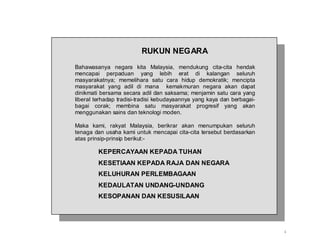 RUKUN NEGARA
Bahawasanya negara kita Malaysia, mendukung cita-cita hendak
mencapai perpaduan yang lebih erat di kalangan seluruh
masyarakatnya; memelihara satu cara hidup demokratik; mencipta
masyarakat yang adil di mana kemakmuran negara akan dapat
dinikmati bersama secara adil dan saksama; menjamin satu cara yang
liberal terhadap tradisi-tradisi kebudayaannya yang kaya dan berbagai-
bagai corak; membina satu masyarakat progresif yang akan
menggunakan sains dan teknologi moden.

Maka kami, rakyat Malaysia, berikrar akan menumpukan seluruh
tenaga dan usaha kami untuk mencapai cita-cita tersebut berdasarkan
atas prinsip-prinsip berikut:-

         KEPERCAYAAN KEPADA TUHAN
         KESETIAAN KEPADA RAJA DAN NEGARA
         KELUHURAN PERLEMBAGAAN
         KEDAULATAN UNDANG-UNDANG
         KESOPANAN DAN KESUSILAAN




                                                                         i
 
