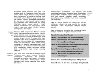 Patriotis me adalah perasaan cinta yang kuat            Per kembangan pembelajaran turut didorong oleh             Pendidikan
              terhadap tanah air. Perasaan ini perlu w ujud di hati   peningkatan pendidikan sepanjang hayat. Sehubungan         sepanjang
              setiap individu rakyat Malaysia yang berbilang          itu penampilan pendidikan sejarah sebagai satu disiplin    hayat
              kaum. Sehubungan itu, semangat patriotik dapat          ilmu yang dinamik, dilakukan melalui pendekatan
              membentuk rakyat Malaysia yang bersatu padu             pembelajaran yang melibatkan murid- murid secara aktif
              dan harmoni. Justeru, berdasarkan pengetahuan           dan berterusan.
              dan pemahaman aspek-aspek sejarah negara,
              murid dibimbing untuk menganalisis dan menilai          Oleh itu, sejarah sebagai satu cabang ilmu perlulah
              fakta-fakta sejarah secara rasional.         Natijah    ditekankan sebagai ilmu yang praktikal dan mampu
              daripada pemahaman dan penghayatan sejarah              membentuk setiap w arganegara Malaysia berjiw a
              negara, murid- mur id dapat membina kekuatan            patriotik.
              semangat cinta akan negara.
                                                                      Bagi memudahkan pengkajian dan pemahaman murid
  Pendidikan Waw asan 2020 menyarankan Malaysia menjadi               terdapat enam tema yang disusun seperti berikut:
     bertaraf negara maju mengikut acuan kita sendiri. Oleh itu,
       dunia rakyat Malaysia perlu mempunyai pengetahuan              Tem a 7: Tam adun Aw al Manusia
              tentang dunia luar supaya berkemampuan untuk
                                                                      Tem a 8: Tam adun Islam dan Perkembangannya
              bersaing dengan mereka. Persaingan tidak dapat
              dielakkan dalam dunia globalisasi kerana kuasa          Tem a 9: Perkembangan di Eropah dan Kesannya
              politik dan ekonomi dikaw al oleh masyarakat yang
                                                                               Terhadap Ekonom i Negara
              berilmu dan bermaklumat. Maka adalah penting
              pendidikan di Malaysia memperkenalkan murid             Tem a 10: Kemunculan dan Perkem bangan Nasionalisme
              kepada dunia luar menerusi kurikulum futuris yang
                                                                               Sehingga Perang Dunia Kedua
              turut menekankan kepada pendidikan bertaraf
              dunia yang berkait rapat dengan teknologi               Tem a 11: Pem binaan Negara dan Bangsa Ke Arah
              maklumat.
                                                                               Kem unculan Negara Malaysia Berdaulat
Penyuburan    Daya tahan perlu disuburkan di kalangan murid.          Tem a 12: Malaysia dan Kerjasam a Masyarakat
 daya tahan   Pembinaan daya tahan menerusi kemahiran
                                                                               Antarabangsa.
              pembelajaran,  pemahaman,      dan   pemikiran
              berupaya menyediakan murid dalam mempelajari
              sesuatu yang baru, memahaminya dengan                   Tem a 7, Tem a 8, dan Tem a 9 dipelajari di Tingkatan 4.
              mendalam, dan memilih maklumat yang penting
              dan relevan.                                            Tem a 10, Tem a 11, dan Tem a 12 dipelajari di Tingkatan 5.




                                                                                                                                    2
 