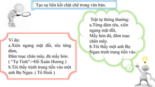 Tạo sự liên kết chặt chẽ trong văn bản.
Ví dụ:
a.Xiên ngang mặt đất, rêu từng
đám,
Đâm toạc chân mây, đá mấy hòn.
( “Tự Tình”- ̶ Hồ Xuân Hương )
b.Tôi thấy trịnh trọng tiến vào một
anh Bọ Ngựa. ( Tô Hoài )
Trật tự thông thường:
a.Từng đám rêu, xiên
ngang mặt đất,
Mấy hòn đá, đâm toạc
chân mây.
b.Tôi thấy một anh Bọ
Ngựa trịnh trọng tiến vào.
 