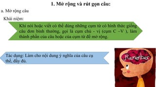 Khái niệm:
Khi nói hoặc viết có thể dùng những cụm từ có hình thức giống
câu đơn bình thường, gọi là cụm chủ - vị (cụm C –V ), làm
thành phần của câu hoặc của cụm từ để mở rộng.
Tác dụng: Làm cho nội dung ý nghĩa của câu cụ
thể, đầy đủ.
1. Mở rộng và rút gọn câu:
a. Mở rộng câu
 