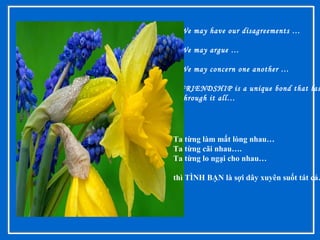 We may have our disagreements …
We may argue …
We may concern one another …
FRIENDSHIP is a unique bond that las
through it all…
Ta từng làm mất lòng nhau…
Ta từng cãi nhau….
Ta từng lo ngại cho nhau…
thì TÌNH BẠN là sợi dây xuyên suốt tát cả…
 