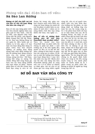 TINH TRÍ         11
                                                                                        Tinh Baùo| Soá 1 | Ngaøy 08.03.2008




Phoûng vaán ñaïi dieän ban coá vaán:
Baø Ñaøo Lan Höông
Höông coù theå cho bieát vai troø      thuaän lôïi trong vieäc giuùp caùc       caøng toát, caàn coù söï quyeát taâm,
cuûa ban coá vaán vôùi hoaït ñoäng     ban chuyeân moân trieån khai saâu        nhieät tình cuûa ban laõnh ñaïo,
vaên hoùa cuûa coâng ty?               roäng caùc hoaït ñoäng cuûa mình tôùi    cuûa tröôûng caùc boä phaän, vaø vaän
                                       caùc boä phaän vaø phaùt hieän ra caùc   ñoäng ñöôïc söï höôûng öùng cuûa
Ban coá vaán xaây döïng phaùt trieån   nhaân toá môùi nhö 1 nhaân söï coù       toaøn boä caùn boä trong coâng ty.
vaên hoùa doanh nghieäp hieän nay      naêng khieáu chôi ñaøn hay naêng         Coù 1 boä phim hoaït hình raát hay
goàm anh Leâ Vaên Vónh – GÑ Döï        khieáu theå thao, vaên ngheä v.v..       vaø coù tính nhaân vaên cao, ñoù laø
aùn PST, anh Nguyeãn Höõu Tuaát                                                 Finding Nemo, toâi thaáy coù raát
Giaùm ñoác Kyõ thuaät, anh Nguyeãn     Ban coá vaán coù nhöõng ñònh             nhieàu ñoaïn ghi laïi hình aûnh ñaøn
Minh Giang Phoù GÑ Kyõ thuaät,         höôùng naøo ñeå vaên hoùa                caù, ñaøn ruøa di truù tôùi khu vöïc
vaø toâi. Ban naøy khoâng ñoùng vai    PeaceSoft thöïc söï phaùt trieån?        khaùc, trong ñoù moãi con caù hoaëc
troø quaûn lyù, ñieàu haønh maø coù    Theo toâi, muoán vaên hoùa               con ruøa ñeàu coù 1 caùch bôi, caùch
nhieäm vuï tö vaán, goùp yù veà moïi   PeaceSoft thöïc söï phaùt trieån thì     theå hieän nhöng caû ñaøn caù ñeàu
maët cuûa hoaït ñoäng Xaây döïng vaø   chuùng ta phaûi taïo ñöôïc 1 moâi        tieán leân vaø khoâng coù gì caûn
phaùt trieån Vaên hoùa Doanh           tröôøng maø ôû ñoù moãi ngöôøi ñeàu      ñöôïc, thaäm chí ôû ñoaïn gaàn cuoái
nghieäp, töø nhöõng hoaït ñoäng        muoán vaø ñeàu coù cô hoäi ñeå theå      cuûa boä phim, chính söùc maïnh
mang tính chaát ñònh höôùng laâu       hieän, chöùng toû baûn thaân vaø phaùt   taäp theå ñoù ñaõ giuùp cho caû ñaøn
daøi tôùi nhöõng hoaït ñoäng chuyeân   huy söùc saùng taïo caù nhaân, töø ñoù   caù vöôït qua giai ñoaïn khoù khaên,
moân cuûa caùc maûng: truyeàn          taïo ra moät löïc höôùng taâm höôùng     nguy hieåm. Toâi tin raèng khi moãi
thoâng, maûng vaên hoùa – theå thao,   moïi hoaït ñoäng theo 1 muïc tieâu       chuùng ta ñaõ quyeát ñònh böôùc
maûng Ñôøi soáng vaø maûng Taøi        lôùn nhaát cuûa taäp theå. Muoán nhö     chaân vaøo coâng ty thì ñeàu mong
chính; ñoàng thôøi cuõng tham gia      vaäy thì vieäc xaây döïng vaên hoùa      muoán coâng ty cuûa mình phaùt
luoân vaøo caùc hoaït ñoäng VHDN       PeaceSoft khoâng phaûi laø coâng         trieån vaø muoán mình seõ laø 1
nhö moïi nhaân söï khaùc. Thaønh       vieäc cuûa 1,2 caù nhaân coù nhieäm      phaàn trong söï phaùt trieån ñoù,
phaàn Ban coá vaán ñeàu thuoäc ban     vuï ñöôïc giao, maø noù caàn coù söï     khoâng ai muoán laø ngöôøi laïc loõng
laõnh ñaïo coâng ty neân seõ raát      tham gia cuûa caøng nhieàu ngöôøi        trong taäp theå caû.


                    SÔ ÑOÀ BAN VAÊN HOÙA COÂNG TY




                                                                                                                  Höôøng NT

                                                                                                      support@chodientu.vn
 