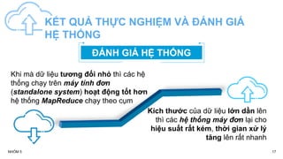 17
KẾT QUẢ THỰC NGHIỆM VÀ ĐÁNH GIÁ
HỆ THỐNG
NHÓM 5
Khi mà dữ liệu tương đối nhỏ thì các hệ
thống chạy trên máy tính đơn
(standalone system) hoạt động tốt hơn
hệ thống MapReduce chạy theo cụm
Kích thước của dữ liệu lớn dần lên
thì các hệ thống máy đơn lại cho
hiệu suất rất kém, thời gian xử lý
tăng lên rất nhanh
ĐÁNH GIÁ HỆ THỐNG
 