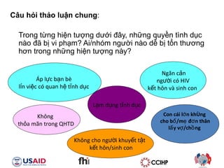 C?u h?i th?o lu?n chung : Trong t?ng hi?n t??ng d??i ??y, nh?ng quy?n tnh d?c no ?? b? vi ph?m? Ai/nhm ng??i no d? b? t?n th??ng h?n trong nh?ng hi?n t??ng ny?  Kh?ng  th?a m?n trong QHTD  ?p l?c b?n b  ln vi?c c quan h? tnh d?c  L?m d?ng tnh d?c Con ci l?n kh?ng  cho b?/m? ??n th?n l?y v?/ch?ng  Kh?ng cho ng??i khuy?t t?t  k?t h?n/sinh con Ng?n c?n ng??i c HIV k?t h?n v sinh con  