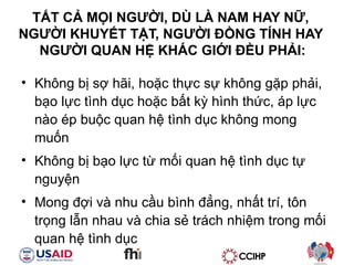 T?T C? M?I NG??I, D? L? NAM HAY N?,  NG??I KHUY?T T?T, NG??I ??NG T?NH HAY  NG??I QUAN H? KH?C GI?I ??U PH?I: Kh?ng b? s? h?i, ho?c th?c s? kh?ng g?p ph?i, b?o l?c tnh d?c ho?c b?t k? hnh th?c, p l?c no p bu?c quan h? tnh d?c kh?ng mong mu?n Kh?ng b? b?o l?c t? m?i quan h? tnh d?c t? nguy?n Mong ??i v nhu c?u bnh ??ng, nh?t tr, t?n tr?ng l?n nhau v chia s? trch nhi?m trong m?i quan h? tnh d?c  
