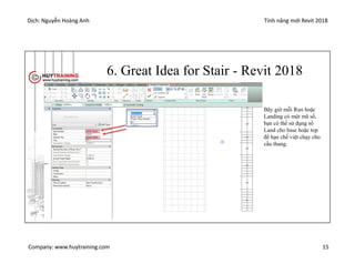 Dịch: Nguyễn Hoàng Anh Tính năng mới Revit 2018
Company: www.huytraining.com 15
6. Great Idea for Stair - Revit 2018
Bây giờ mỗi Run hoặc
Landing có một mã số,
bạn có thể sử dụng số
Land cho base hoặc top
để hạn chế việt chạy cho
cầu thang.
 