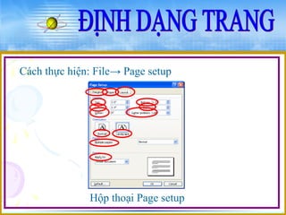 Cách thực hiện: File→ Page setup 
Hộp thoại Page setup 
 
