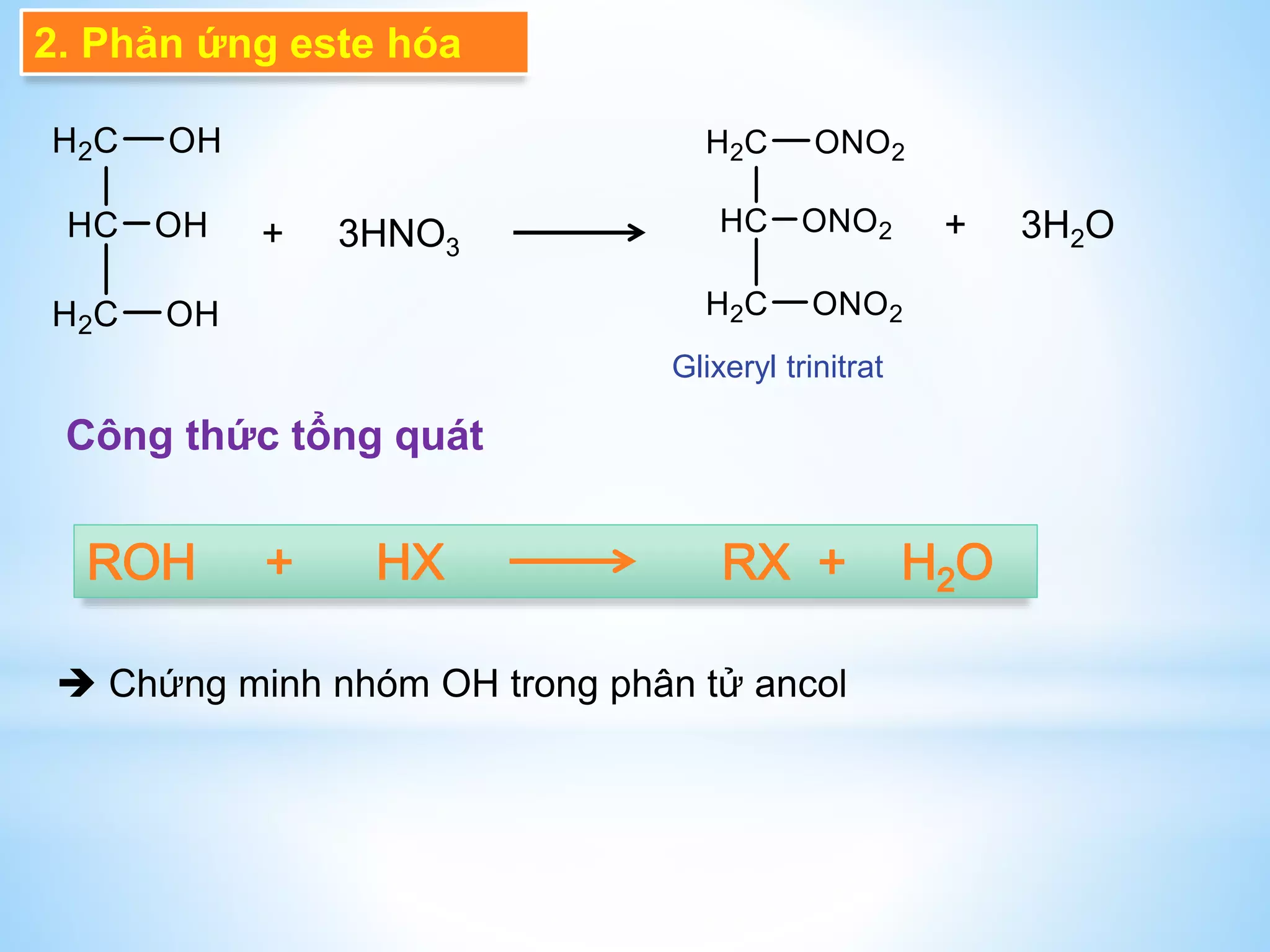 Công thức tổng quát
 Chứng minh nhóm OH trong phân tử ancol
+ 3HNO3
+ 3H2O
Glixeryl trinitrat
2. Phản ứng este hóa
 