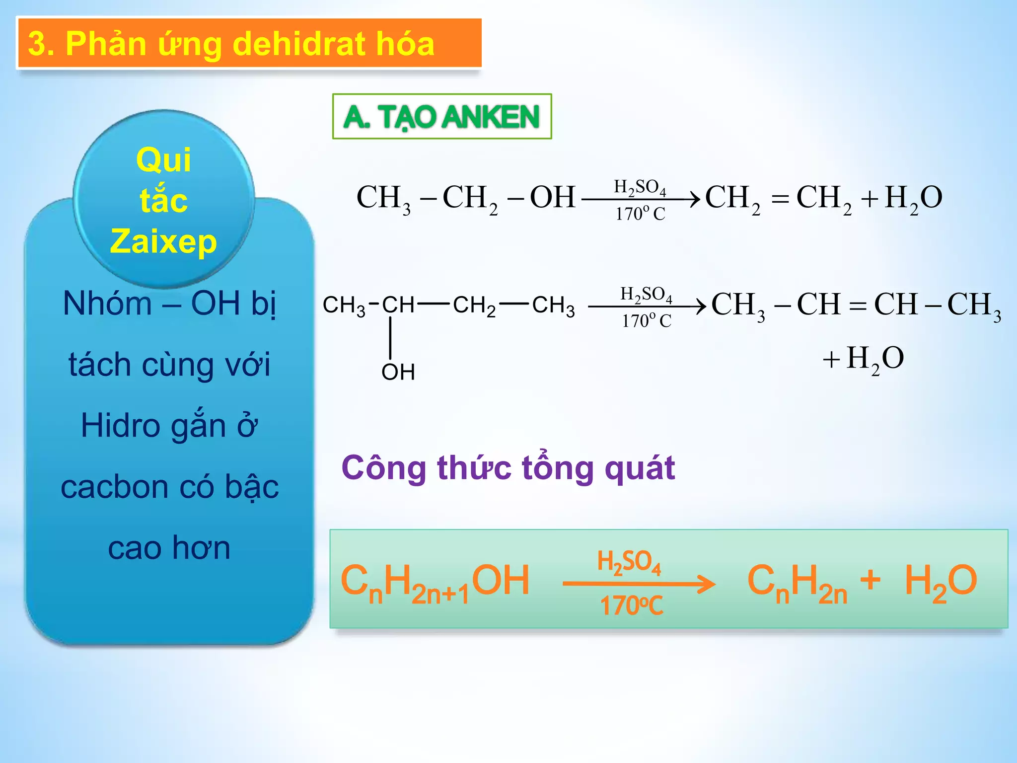 Nhóm – OH bị
tách cùng với
Hidro gắn ở
cacbon có bậc
cao hơn
Qui
tắc
Zaixep
2 4
o
H SO
3 2 2 2 2170 C
CH CH OH CH CH H O    
2 4
o
H SO
3 3170 C
2
CH CH CH CH
H O
   

Công thức tổng quát
3. Phản ứng dehidrat hóa
 