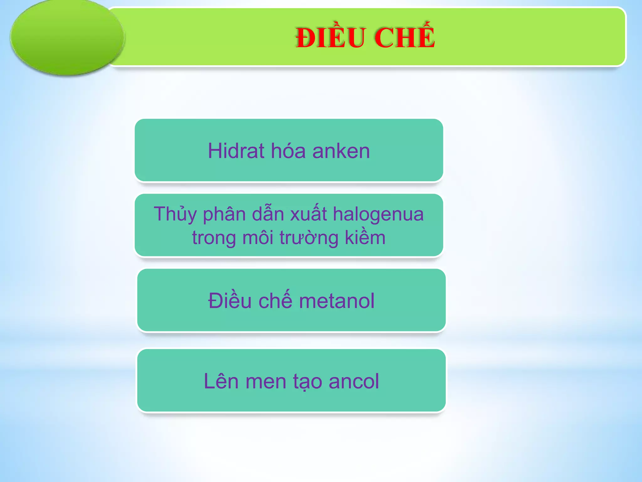ĐIỀU CHẾ
Hidrat hóa anken
Thủy phân dẫn xuất halogenua
trong môi trường kiềm
Điều chế metanol
Lên men tạo ancol
 