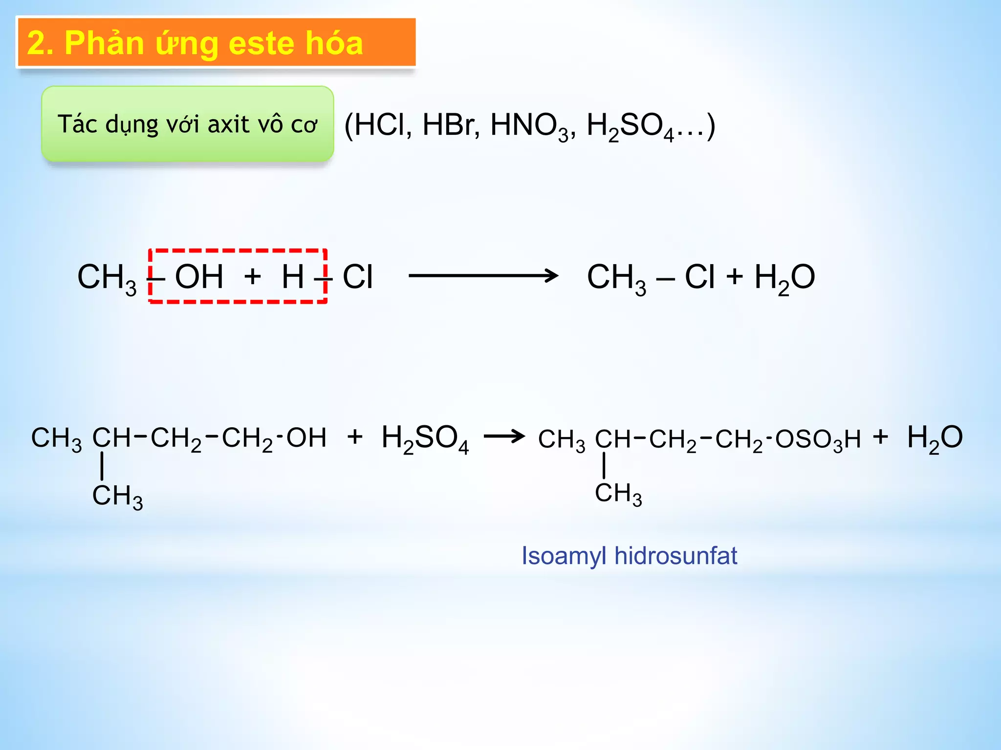 2. Phản ứng este hóa
Tác dụng với axit vô cơ (HCl, HBr, HNO3, H2SO4…)
CH3 – OH + H – Cl CH3 – Cl + H2O
+ H2SO4 + H2O
Isoamyl hidrosunfat
 