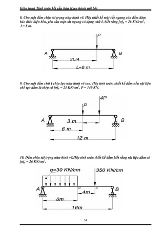 Giáo trình Tính toán kết cấu hàn (Lưu hành nội bộ)
34
8. Cho một dầm chịu tải trọng như hình vẽ. Hãy thiết kế mặt cắt ngang của dầm đảm
ảo điều kiện bền, yêu cầu mặt cắt ngang có dạng chữ I, biết rằng [σ]k = 26 KN/cm2
,
= 8 m.
. Cho một dầm chữ I chịu lực như hình vẽ sau. Hãy tính toán, thiết kế dầm nếu vật liệu
hế tạo dầm là thép có [σ]k = 25 KN/cm2
, P = 140 KN.
0. Dầm ch ng vật liệu dầm có
]k
b
l
9
c
1 ịu tải trọng như hình vẽ.Hãy tính toán thiết kế dầm biết rằ
= 26 KN/cm2
.[σ
 