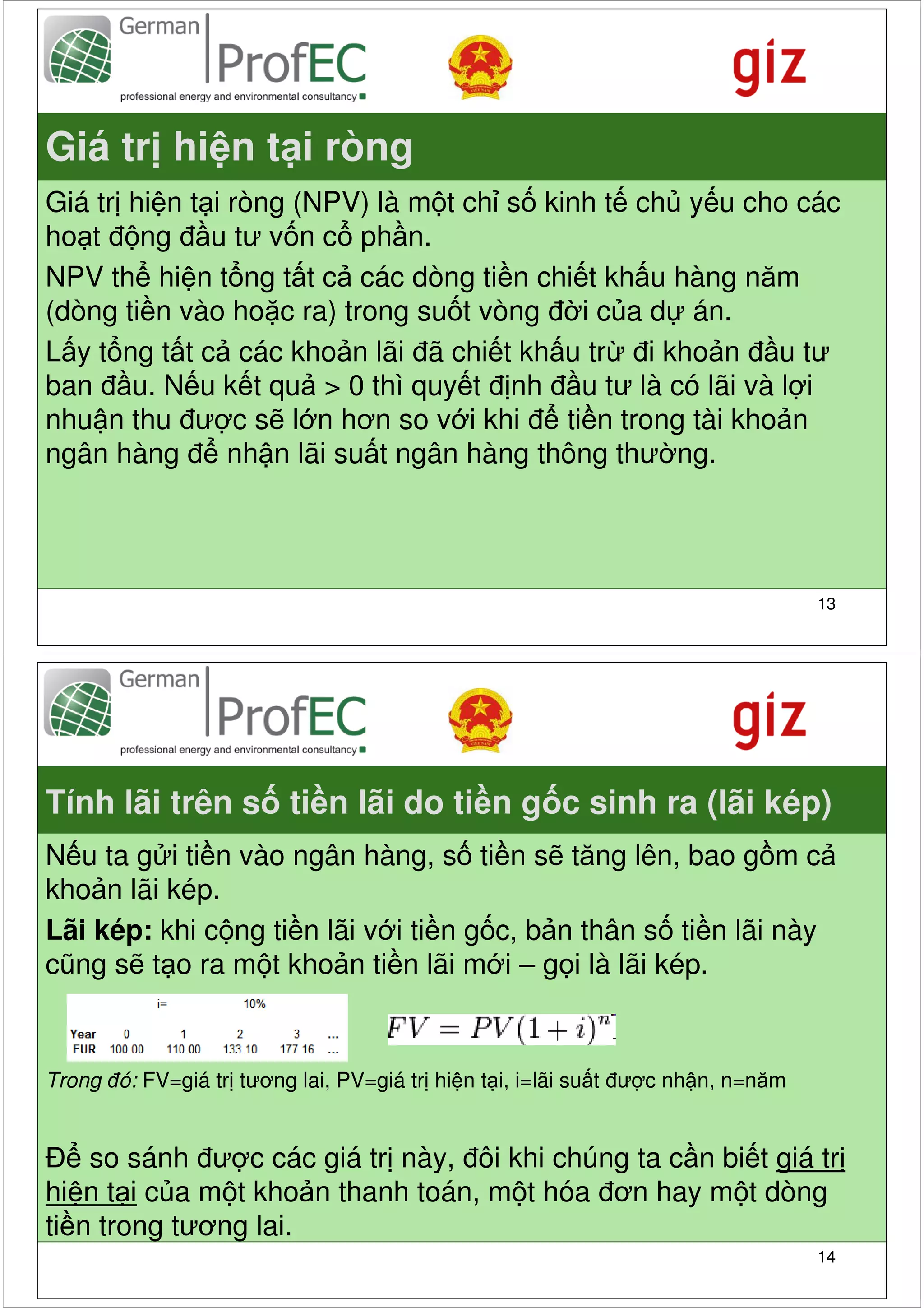Giá tr hi n t i ròng
Giá tr hi n t i ròng (NPV) là m t ch s kinh t ch y u cho các
ho t đ ng đ u tư v n c ph n.
NPV th hi n t ng t t c các dòng ti n chi t kh u hàng năm
(dòng ti n vào ho c ra) trong su t vòng đ i c a d án.
L y t ng t t c các kho n lãi đã chi t kh u tr đi kho n đ u tư
ban đ u. N u k t qu > 0 thì quy t đ nh đ u tư là có lãi và l i
nhu n thu đư c s l n hơn so v i khi đ ti n trong tài kho n
ngân hàng đ nh n lãi su t ngân hàng thông thư ng.




                                                                                 13




Tính lãi trên s ti n lãi do ti n g c sinh ra (lãi kép)
N u ta g i ti n vào ngân hàng, s ti n s tăng lên, bao g m c
kho n lãi kép.
Lãi kép: khi c ng ti n lãi v i ti n g c, b n thân s ti n lãi này
cũng s t o ra m t kho n ti n lãi m i – g i là lãi kép.



Trong đó: FV=giá tr tương lai, PV=giá tr hi n t i, i=lãi su t đư c nh n, n=năm


Đ so sánh đư c các giá tr này, đôi khi chúng ta c n bi t giá tr
hi n t i c a m t kho n thanh toán, m t hóa đơn hay m t dòng
ti n trong tương lai.
                                                                                 14
 