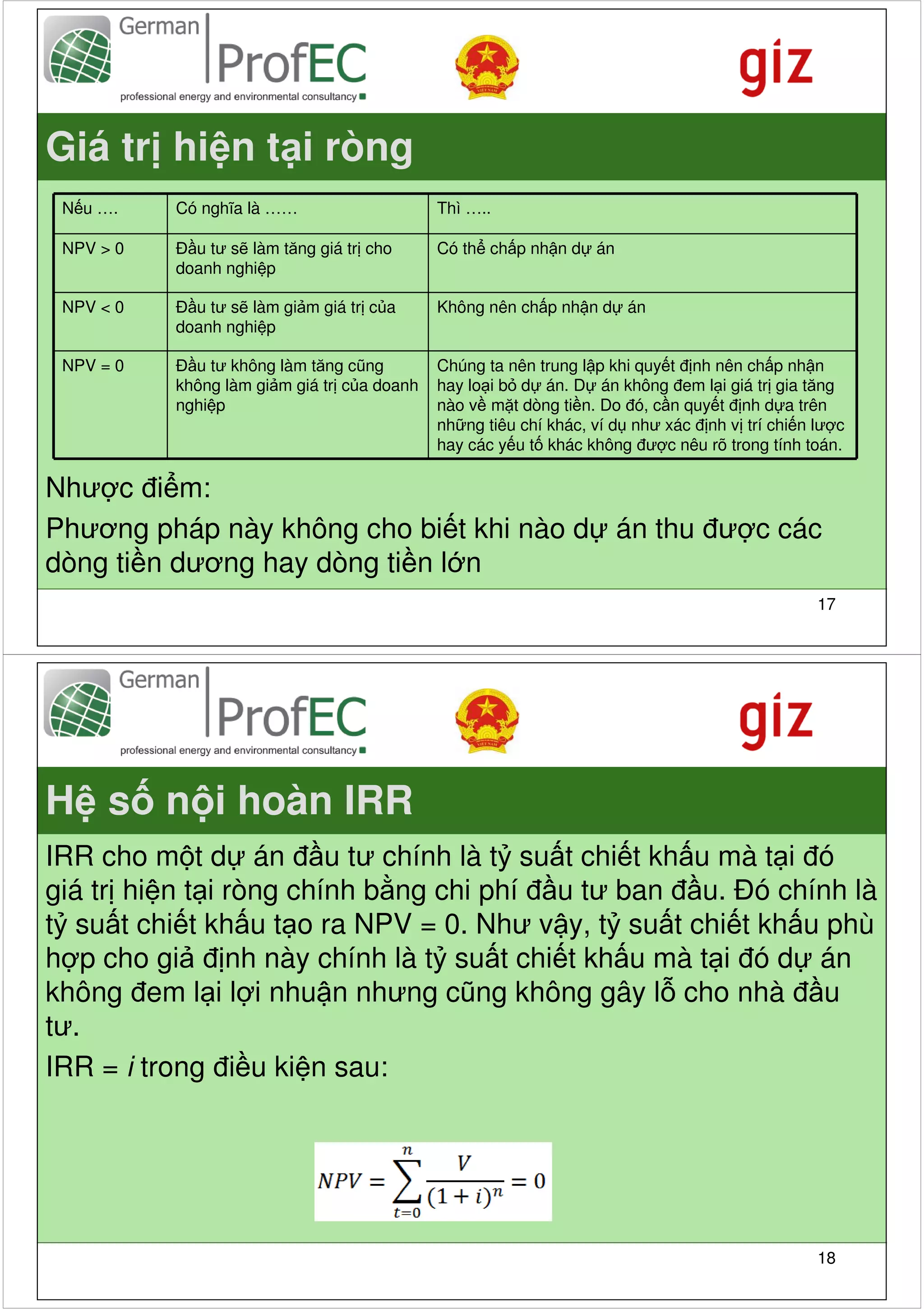 Giá tr hi n t i ròng
 N u ….    Có nghĩa là ……                    Thì …..

 NPV > 0   Đ u tư s làm tăng giá tr cho      Có th ch p nh n d án
           doanh nghi p

 NPV < 0   Đ u tư s làm gi m giá tr c a      Không nên ch p nh n d án
           doanh nghi p

 NPV = 0   Đ u tư không làm tăng cũng        Chúng ta nên trung l p khi quy t đ nh nên ch p nh n
           không làm gi m giá tr c a doanh   hay lo i b d án. D án không đem l i giá tr gia tăng
           nghi p                            nào v m t dòng ti n. Do đó, c n quy t đ nh d a trên
                                             nh ng tiêu chí khác, ví d như xác đ nh v trí chi n lư c
                                             hay các y u t khác không đư c nêu rõ trong tính toán.

Như c đi m:
Phương pháp này không cho bi t khi nào d án thu đư c các
dòng ti n dương hay dòng ti n l n
                                                                                                17




H s n i hoàn IRR
IRR cho m t d án đ u tư chính là t su t chi t kh u mà t i đó
giá tr hi n t i ròng chính b ng chi phí đ u tư ban đ u. Đó chính là
t su t chi t kh u t o ra NPV = 0. Như v y, t su t chi t kh u phù
h p cho gi đ nh này chính là t su t chi t kh u mà t i đó d án
không đem l i l i nhu n nhưng cũng không gây l cho nhà đ u
tư.
IRR = i trong đi u ki n sau:




                                                                                                18
 
