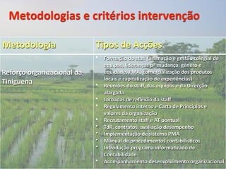 Metodologias e critérios intervenção

Metodologia                  Tipos de Acções
                             •   Formação do staﬀ (animação e gestão colegial de 
                                 equipas, lideranças pª mudança, género e 
Reforço organizacional da        equidade, PMA, comercialização dos produtos 
                                 locais e capitalização de experiências) 
Tiniguena                    •   Reuniões do staﬀ, das equipas e da Direcção 
                                 alargada
                             •   Jornadas de reﬂexão do staﬀ
                             •   Regulamento interno e Carta de Princípios e 
                                 valores da organização 
                             •   Recrutamento staﬀ e AT pontual
                             •   TdR, contratos, avaliação desempenho 
                             •   Implementação de sistema PMA 
                             •   Manual de procedimentos contabilísGcos
                             •   Introdução programa informaGzado de 
                                 Contabilidade
                             •   Acompanhamento desenvolvimento organizacional 
 