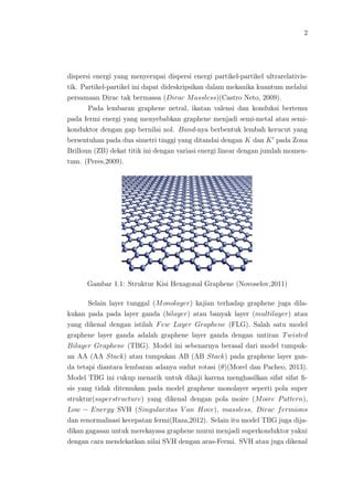 2
dispersi energi yang menyerupai dispersi energi partikel-partikel ultrarelativis-
tik. Partikel-partikel ini dapat dideskripsikan dalam mekanika kuantum melalui
persamaan Dirac tak bermassa (Dirac Massless)(Castro Neto, 2009).
Pada lembaran graphene netral, ikatan valensi dan konduksi bertemu
pada fermi energi yang menyebabkan graphene menjadi semi-metal atau semi-
konduktor dengan gap bernilai nol. Band-nya berbentuk lembah kerucut yang
bersentuhan pada dua simetri tinggi yang ditandai dengan K dan K pada Zona
Brilloun (ZB) dekat titik ini dengan variasi energi linear dengan jumlah momen-
tum. (Peres,2009).
Gambar 1.1: Struktur Kisi Hexagonal Graphene (Novoselov,2011)
Selain layer tunggal (Monolayer) kajian terhadap graphene juga dila-
kukan pada pada layer ganda (bilayer) atau banyak layer (multilayer) atau
yang dikenal dengan istilah Few Layer Graphene (FLG). Salah satu model
graphene layer ganda adalah graphene layer ganda dengan untiran Twisted
Bilayer Graphene (TBG). Model ini sebenarnya berasal dari model tumpuk-
an AA (AA Stack) atau tumpukan AB (AB Stack) pada graphene layer gan-
da tetapi diantara lembaran adanya sudut rotasi (θ)(Morel dan Pacheo, 2013).
Model TBG ini cukup menarik untuk dikaji karena menghasilkan sifat sifat ﬁ-
sis yang tidak ditemukan pada model graphene monolayer seperti pola super
struktur(superstructure) yang dikenal dengan pola moire (Moire Pattern),
Low − Energy SVH (Singularitas V an Hove), massless, Dirac fermions
dan renormalisasi kecepatan fermi(Raza,2012). Selain itu model TBG juga dija-
dikan gagasan untuk merekayasa graphene murni menjadi superkonduktor yakni
dengan cara mendekatkan nilai SVH dengan aras-Fermi. SVH atau juga dikenal
 