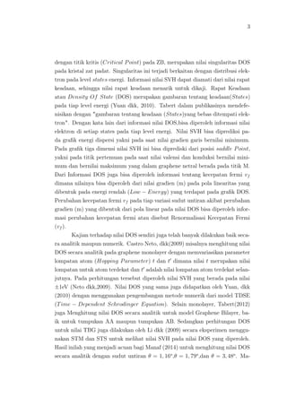 3
dengan titik kritis (Critical Point) pada ZB, merupakan nilai singularitas DOS
pada kristal zat padat. Singularitas ini terjadi berkaitan dengan distribusi elek-
tron pada level states energi. Informasi nilai SVH dapat diamati dari nilai rapat
keadaan, sehingga nilai rapat keadaan menarik untuk dikaji. Rapat Keadaan
atau Density Of State (DOS) merupakan gambaran tentang keadaan(States)
pada tiap level energi (Yuan dkk, 2010). Tabert dalam publikasinya mendefe-
nisikan dengan "gambaran tentang keadaan (States)yang bebas ditempati elek-
tron". Dengan kata lain dari informasi nilai DOS,bisa diperoleh informasi nilai
elektron di setiap states pada tiap level energi. Nilai SVH bisa diprediksi pa-
da graﬁk energi dispersi yakni pada saat nilai gradien garis bernilai minimum.
Pada graﬁk tiga dimensi nilai SVH ini bisa diprediski dari posisi saddle Point,
yakni pada titik pertemuan pada saat nilai valensi dan konduksi bernilai mini-
mum dan bernilai maksimum yang dalam graphene netral berada pada titik M.
Dari Informasi DOS juga bisa diperoleh informasi tentang kecepatan fermi vf
dimana nilainya bisa diperoleh dari nilai gradien (m) pada pola linearitas yang
dibentuk pada energi rendah (Low − Energy) yang terdapat pada graﬁk DOS.
Perubahan kecepatan fermi vf pada tiap variasi sudut untiran akibat perubahan
gradien (m) yang dibentuk dari pola linear pada nilai DOS bisa diperoleh infor-
masi perubahan kecepatan fermi atau disebut Renormalisasi Kecepatan Fermi
(vf ).
Kajian terhadap nilai DOS sendiri juga telah banyak dilakukan baik seca-
ra analitik maupun numerik. Castro Neto, dkk(2009) misalnya menghitung nilai
DOS secara analitik pada graphene monolayer dengan memvariasikan parameter
lompatan atom (Hopping Parameter) t dan t dimana nilai t merupakan nilai
lompatan untuk atom terdekat dan t adalah nilai lompatan atom terdekat selan-
jutnya. Pada perhitungan tersebut diperoleh nilai SVH yang berada pada nilai
±1eV (Neto dkk,2009). Nilai DOS yang sama juga didapatkan oleh Yuan, dkk
(2010) dengan menggunakan pengembangan metode numerik dari model TDSE
(Time − Dependent Schrodinger Equation). Selain monolayer, Tabert(2012)
juga Menghitung nilai DOS secara analitik untuk model Graphene Bilayer, ba-
ik untuk tumpukan AA maupun tumpukan AB. Sedangkan perhitungan DOS
untuk nilai TBG juga dilakukan oleh Li dkk (2009) secara eksperimen menggu-
nakan STM dan STS untuk melihat nilai SVH pada nilai DOS yang diperoleh.
Hasil inilah yang menjadi acuan bagi Manaf (2014) untuk menghitung nilai DOS
secara analitik dengan sudut untiran θ = 1, 16o
,θ = 1, 79o
,dan θ = 3, 48o
. Ma-
 