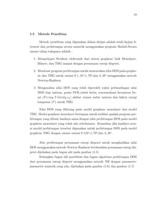 10
1.5 Metode Penelitian
Metode penelitian yang digunakan dalam skripsi adalah studi/kajian li-
teratur dan perhitungan secara numerik menggunakan program Matlab.Secara
umum tahap tahapnya adalah :
1. Mempelajari Struktur elektronik dari sistem graphene baik Monolayer,
Bilayer, dan TBG sampai dengan persamaan energi dispersi.
2. Membuat program perhitungan untuk menentukan nilai DOS pada graphe-
ne dan TBG untuk variasi θ 1, 16o
,1, 79o
,dan 3, 48o
menggunakan metode
Newton-Raphson.
3. Menganalisa nilai DOS yang telah diperoleh yakni perbandingan nilai
DOS tiap untiran, posisi SVH/sudut kritis, renormalisasi kecepatan fer-
mi (Fermy V elocity,vf ) akibat variasi sudut untiran dan faktor energi
lompatan (to
) untuk TBG.
Nilai DOS yang dihitung pada model graphene monolayer dan model
TBG. Model graphene monolayer bertujuan untuk melihat apakah program per-
hitungan yang dibuat hasilnya sama dengan nilai perhitungan DOS pada model
graphene monolayer yang telah ada sebelumnya. Kemudian jika hasilnya sesu-
ai modal perhitungan tersebut digunakan untuk perhitungan DOS pada model
graphene TBG dengan variasi variasi θ 116o
,1, 79o
,dan 3, 48o
.
Alur perhitungan persamaan energi dispersi untuk menghasilkan nilai
DOS menggunakan metode Newton Raphson berdasarkan persamaan energi dis-
persi dijelaskan pada bagan alir pada gambar (1.5).
Sedangkan bagan alir penelitian dan bagan algoritma perhitungan DOS
dari persamaan energi dispersi menggunakan metode NR dengan parameter-
parameter numerik yang ada, dijelaskan pada gambar (1.6) dan gambar (1.7)
 