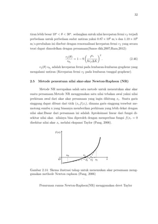 32
tiran lebih besar 10o
< θ < 30o
. sedangkan untuk nilai kecepatan fermi vf terjadi
perbedaan untuk perbedaan sudut untiran yakni 0.87 × 106
m/s dan 1.10 × 106
m/s.perubahan ini disebut dengan renormalisasi kecepatan fermi vf yang secara
teori dapat dimodelkan dengan persamaan(Sanos dkk,2007;Raza,2012):
vf (θ)
vθf
= 1 − 9
tθ±
vf ∆K
2
. (2.46)
vf (θ) vθf
adalah kecepatan fermi pada lembaran-lembaran graphene yang
mengalami untiran (Kecepatan fermi vf pada lembaran tunggal graphene).
2.5 Metode penentuan nilai akar-akar Newton-Raphson (NR)
Metode NR merupakan salah satu metode untuk menentukan akar akar
suatu persamaan.Metode NR menggunakan satu nilai tebakan awal yakni nilai
perkiraan awal dari akar akar persamaan yang ingin dihitung xi. Suatu garis
singgung dapat dibuat dari titik (xi,f(xi), dimana garis singgung tersebut me-
motong sumbu x yang biasanya memberikan perkiraan yang lebih dekat dengan
nilai akar.Dasar dari persamaan ini adalah Aproksimasi linear dari fungsi di-
sekitar nilai akar. nilainya bisa diperoleh dengan memperluas fungsi f(xr = 0
disekitar nilai akar xr melalui ekspansi Taylor (Pang, 2006).
Gambar 2.14: Skema ilustrasi tahap untuk menemukan akar persamaan meng-
gunakan methode Newton raphson (Pang, 2006)
.
Penurunan rumus Newton-Raphson(NR) menggunakan deret Taylor
 