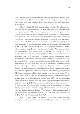 50
dirac. Nilai ini sesuai dengan fakta eksperimen yang ada, dimana semakin besar
sudut untiran yang diberikan untuk TBG maka akan terjadi pergeseran Dirac
Cones yang lebih besar dari titik dirac (Dirac point)(Li dkk,2009; Raza,2012;
Manaf,2014).
Selain itu dari graﬁk DOS yang dihasilkan bisa diperoleh informasi ten-
tang renormaliasi kecepatan fermi(vf ). Dari pola linear yang terbentuk pada
masing masing graﬁk DOS untuk masing masing untiran, bisa direpresentasikan
dengan nilai gradien (m) dari persamaan linear yang dibentuk. Nilai renorma-
lisasi kecepatan fermi ini bisa dijelaskan dengan hubungan antara nilai energi
dispersi dan k, yakni pada persamaan persamaan Dirac untuk Dirac Fermions,
dimana massa=0. Dari Persamaan Dirac diatas terlihat hubungan yang seban-
ding antara nilai E dan nilai k dimana hal ini bisa menjelaskan pola linear pada
graﬁk DOS yang diperoleh seperti yang telah dijelaskan sebelumnya. Untuk
nilainya tergantung pada sudut untiran yang diberikan. Nilai gradien(m) un-
tuk masing-masing sudut untiran yaitu 0,21 1025
eV−2
m−2
, 0,8 1025
eV−2
m−2
dan 4,3 1025
eV−2
m−2
. Nilai gradien (m) tersebut bisa merepresentasikan nilai
kecepatan fermi vf . Dengan adanya perubahan gradien untuk masing masing
sudut untiran yakni semakin besar nilai sudut untiran yang diberikan maka nilai
kecepatan fermi (vf ) yang direpresentasikan dengan nilai gradien (m). perubah-
an kecepatan tiap perubahan sudut untiran ini menjelaskan adanya perubahan
kecepatan fermi per sudut untiran yang disebut dengan renormalisasi kecepatan
fermi vf (Renormalisation Fermy V elocity).Nilai ini merupakan nilai represen-
tasi dari nilai representasi perubahan kecepatan antar fermi vf pada graphene
TBG yang menunjukan nilainya akan semakin besar jika sudut untiran (θ) se-
makin besar. Nilai ini juga bisa dicari dengan mencari nilai kesetaraan antara
gradien pada energi dispersi dengan gradien pada DOS. Nilai ini diausmsikan
bahwa antara nilai gradien pada pola linear pada energi dispersi dan gradien
pada pola linear pada DOS memuat informasi kecepatan fermi vf , hanya sa-
ja pada gradien DOS nilai gradien merupkan nilai representasi dari kecepatan
fermi dengan dimensi eV−2
m−2
sehingga dibutuhkan nilai kesetaraan dari gra-
dien energi dispersi dengan dimensi eV10−10
m untuk nilai kesetaraan gradien
(β) untuk masing masing sudut untiran 1, 16o
,1, 79o
, dan 3, 48o
diperoleh nilai
0,47 eV−3
m8
, 0,42 eV−3
m8
, dan 0,43 eV−3
m8
Nilai DOS pada posisi SVH, posisi SVH, dan nilai gradien pada pola
linear graﬁk DOS sebagai nilai representasi dari kecepatan fermi (vf ), nilai vek-
 