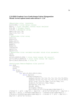 70
1.2.8 (DOS Graphene Layer Ganda dengan Untiran Menggunakan
Metode Newton raphson untuk sudut untiran θ = 1.16o
%Menentukan nilai konstanta
err=0.005; % nilai batas iterasi
eps=1; % nilai variabel iterasi mulai berjalan
h=6.58; % Tetapan Planck
v=0.87; % Kecepatan group
dkx=3.49.*10.^-4;
dky=3.45.*10.^-2;
no=0;
% Menentukan nilai array
xout=[];
xout1=[];
Beda_out=1;
Beda_out1=1;
Beda=1;
Beda1=1;
iterasi=0;
xplot=[];
xplot1=[];
% Menentukan nilai variabel-variabel untuk nilai parameter
nd=0;
nd1=0;
y1=0:0.00005:0.009; % nilai level energi (E) positif
y3=-0.009:0.00005:0; % nilai level energi (E) negatif
d2=-0.04:0.0005:0.04; % nilai Kx
%Perhitungan Newton-Raphson nilai positif
for d=d2
nd=nd+1;
ny=0;
for y=y1;
ny=ny+1;
for x0=(-0.04:0.001:0.04);
while eps>err
iterasi=iterasi+1;
alpha1=+49.62.*(2.*(h.^2).*(v.^2)./15.*0.093);
alpha2=-49.62.*(2.*(h.^2).*(v.^2)./15.*0.093);
A=(d.^2-x0.^2-0.25.*dkx.^2+0.25.*dky.^2);
B=abs(2.*d.*x0-0.5.*dkx.*dky);
E0=sqrt(A.^2+B.^2);
E0=abs (E0);
E1=alpha1.*E0-y;
E2=-(76911*h^2*v^2*sign(abs((dkx*dky)/2 -
2*d*x0)^2 + (d^2 - dkx^2/4 + dky^2/4 - x0^2)^2)*(4*x0*(d^2 - dkx^2/4 +
dky^2/4 - x0^2) + 4*d*abs((dkx*dky)/2 - 2*d*x0)*sign((dkx*dky)/2 -
2*d*x0)))/(250000*abs(abs((dkx*dky)/2 - 2*d*x0)^2 + (d^2 - dkx^2/4 +
dky^2/4 - x0^2)^2)^(1/2));
 