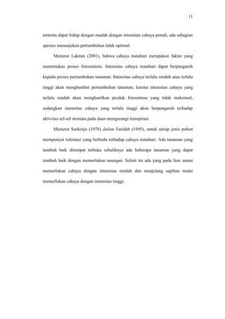 11
tertentu dapat hidup dengan mudah dengan intensitas cahaya penuh, ada sebagian
spesies menunjukan pertumbuhan tidak optimal.
Menurut Lakitan (2001), bahwa cahaya matahari merupakan faktor yang
menentukan proses fotosintesis. Intensitas cahaya matahari dapat berpengaruh
kepada proses pertumbuhan tanaman. Intensitas cahaya terlalu rendah atau terlalu
tinggi akan menghambat pertumbuhan tanaman, karena intensitas cahaya yang
terlalu rendah akan menghasilkan produk fotosintesa yang tidak maksimal,
sedangkan intensitas cahaya yang terlalu tinggi akan berpengaruh terhadap
aktivitas sel-sel stomata pada daun mengurangi transpirasi.
Menurut Soekotjo (1976) dalam Faridah (1995), untuk setiap jenis pohon
mempunyai toleransi yang berbeda terhadap cahaya matahari. Ada tanaman yang
tumbuh baik ditempat terbuka sebaliknya ada beberapa tanaman yang dapat
tumbuh baik dengan memerlukan naungan. Selain itu ada yang pada fase semai
memerlukan cahaya dengan intensitas rendah dan menjelang sapihan mulai
memerlukan cahaya dengan intensitas tinggi.
 